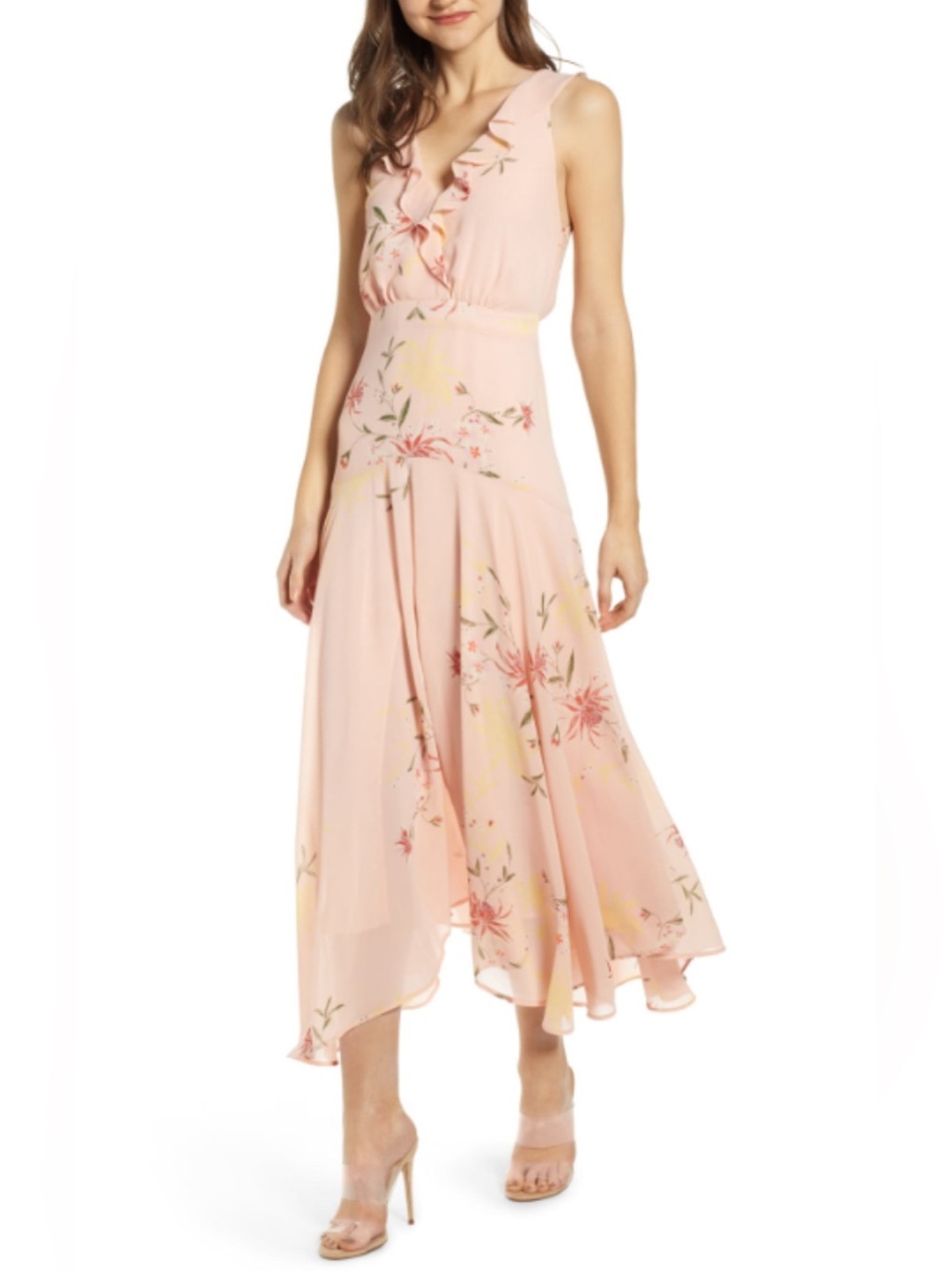 ASTR Ruffled V-Neck Floral Midi Dress in Blush Pink
